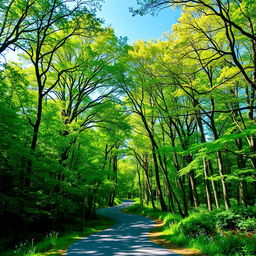 A picturesque winding road meandering through a lush, dense forest