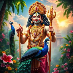 A divine and majestic representation of Lord Murugan, the Hindu god of war and victory