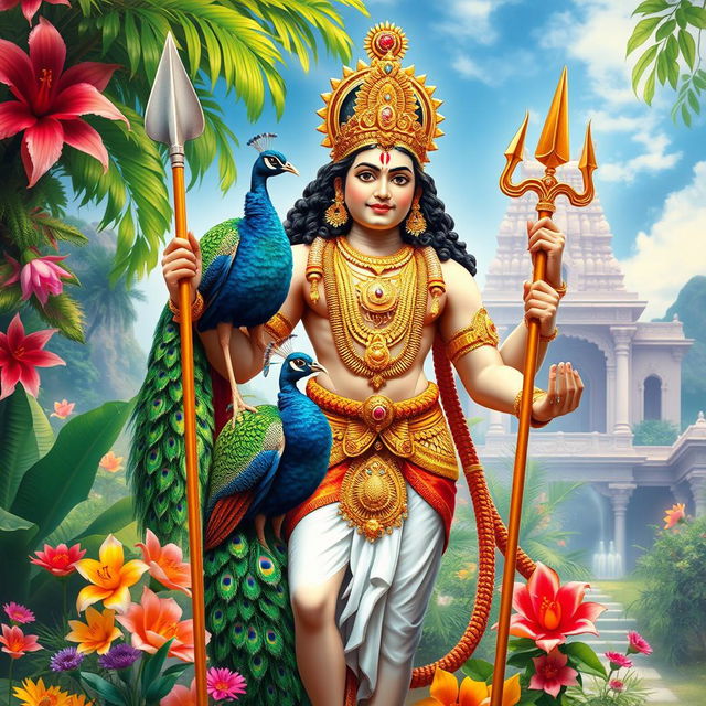 A divine and majestic representation of Lord Murugan, the Hindu god of war and victory