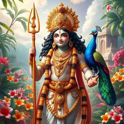 A divine and majestic representation of Lord Murugan, the Hindu god of war and victory
