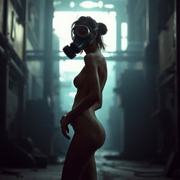 A slim woman wearing a gas mask, standing in an artistic pose, with a dramatic light illuminating her figure