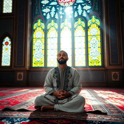 A serene Muslim mystic in deep prayer, sitting peacefully on a colorful prayer rug in a beautifully decorated mosque