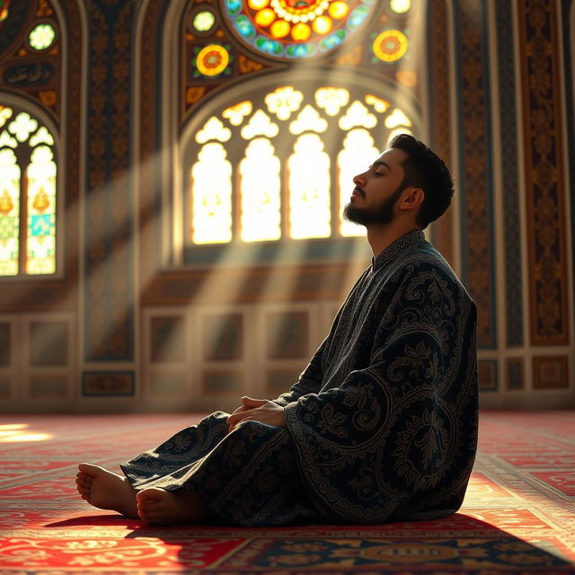 A serene Muslim mystic in deep prayer, sitting peacefully on a colorful prayer rug in a beautifully decorated mosque