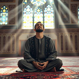 A serene Muslim mystic in deep prayer, sitting peacefully on a colorful prayer rug in a beautifully decorated mosque