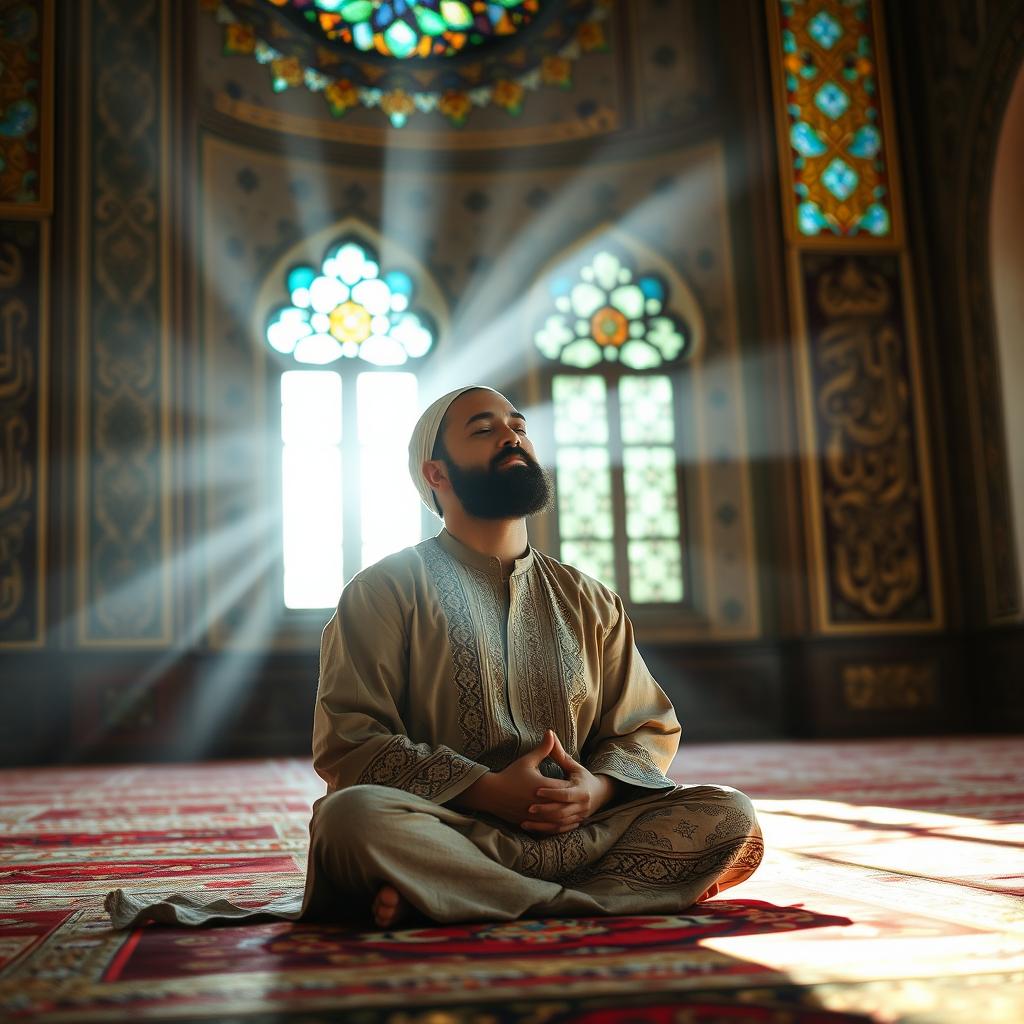 A serene Muslim mystic in deep prayer, sitting peacefully on a colorful prayer rug in a beautifully decorated mosque