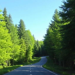 A winding road meandering through a lush, vibrant forest, showcasing tall, green trees on either side, dappled sunlight filtering through the leaves, and a clear blue sky in the background