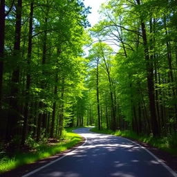 A winding road meandering through a lush, vibrant forest, showcasing tall, green trees on either side, dappled sunlight filtering through the leaves, and a clear blue sky in the background