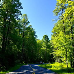 A winding road meandering through a lush, vibrant forest, showcasing tall, green trees on either side, dappled sunlight filtering through the leaves, and a clear blue sky in the background