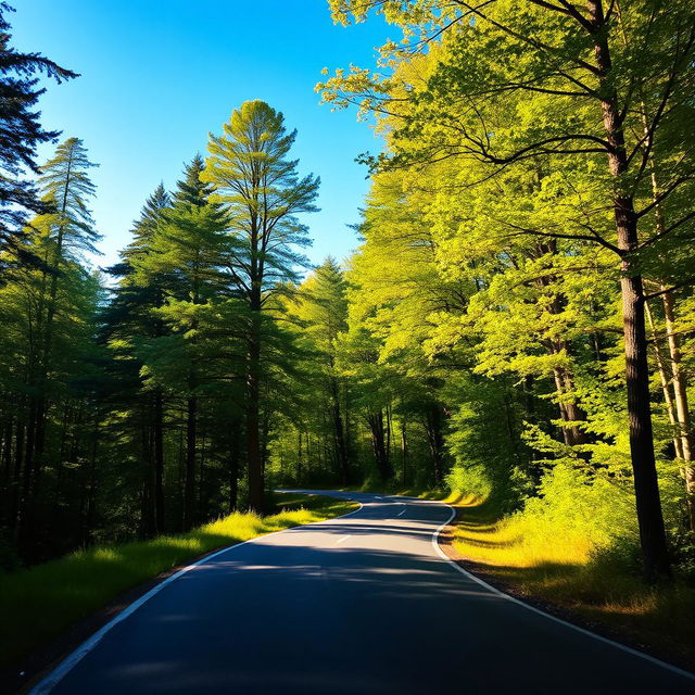 A winding road meandering through a lush, vibrant forest, showcasing tall, green trees on either side, dappled sunlight filtering through the leaves, and a clear blue sky in the background