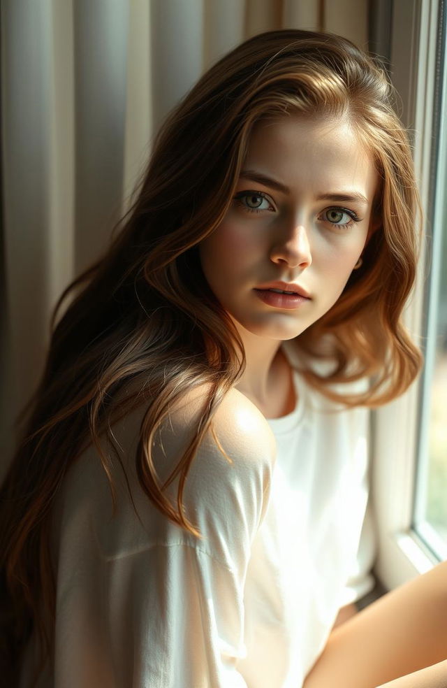 A stunning portrait of a vulnerable young woman, sitting by a window with soft natural light filtering in