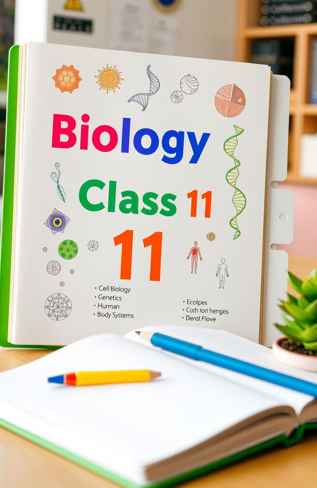 A well-organized and aesthetically pleasing biology class file for 11th grade students, featuring an attractive cover page that includes the title 'Biology Class 11' in bold, vibrant colors