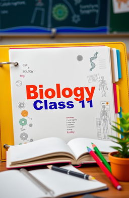 A well-organized and aesthetically pleasing biology class file for 11th grade students, featuring an attractive cover page that includes the title 'Biology Class 11' in bold, vibrant colors