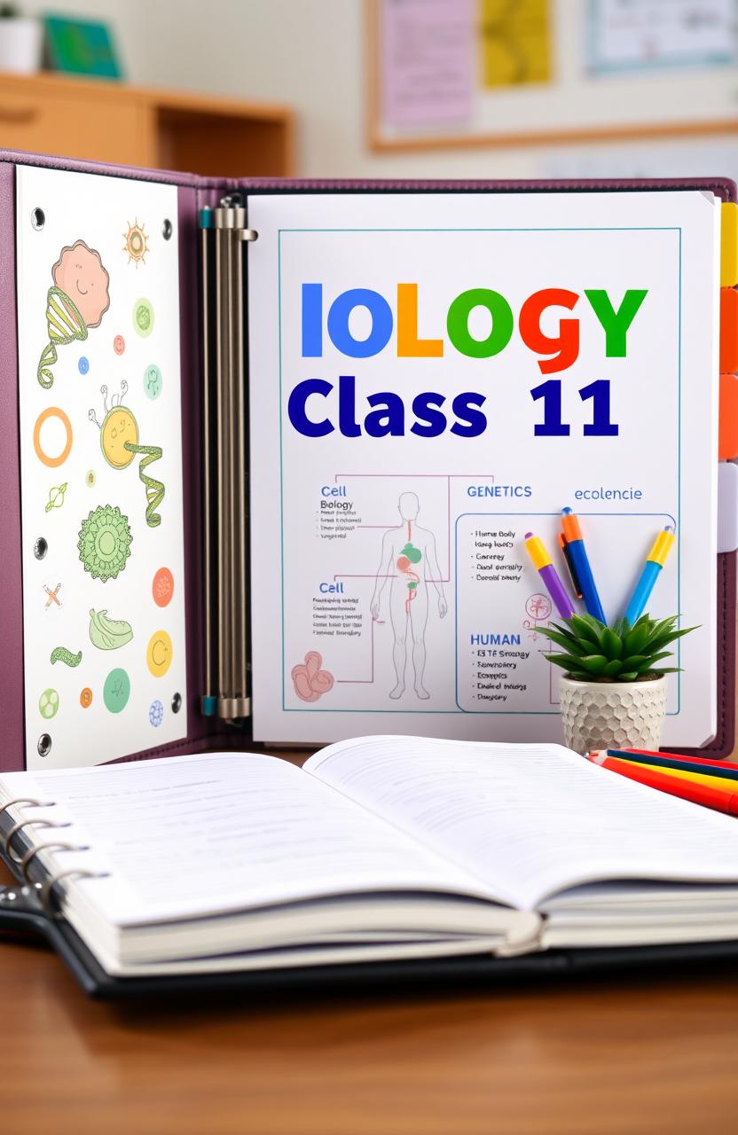 A well-organized and aesthetically pleasing biology class file for 11th grade students, featuring an attractive cover page that includes the title 'Biology Class 11' in bold, vibrant colors