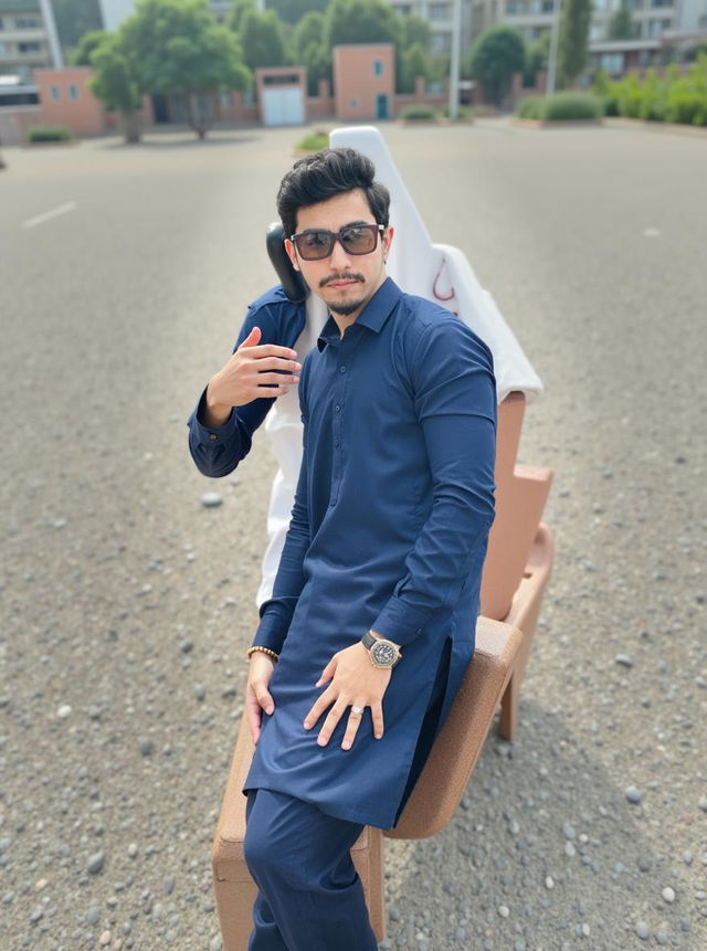 A professional portrait of a young man confidently posing in a stylish traditional attire, featuring a navy blue kurta with a subtle sheen