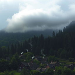 A picturesque village nestled in a dark, dense forest, showcasing quaint cottages with smoke curling from chimneys, surrounded by towering, shadowy trees