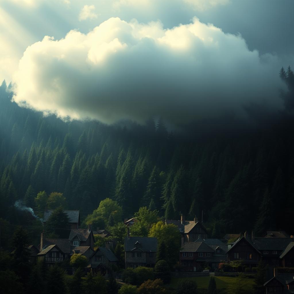 A picturesque village nestled in a dark, dense forest, showcasing quaint cottages with smoke curling from chimneys, surrounded by towering, shadowy trees