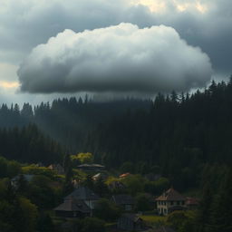 A picturesque village nestled in a dark, dense forest, showcasing quaint cottages with smoke curling from chimneys, surrounded by towering, shadowy trees