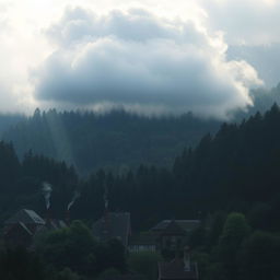 A picturesque village nestled in a dark, dense forest, showcasing quaint cottages with smoke curling from chimneys, surrounded by towering, shadowy trees