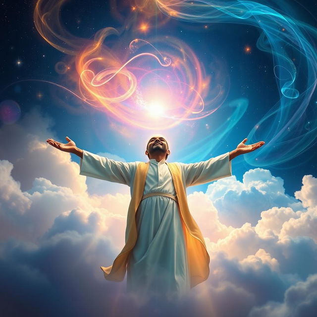 A mystical scene depicting a Muslim mystic experiencing a spiritual ascent, surrounded by ethereal light and vibrant colors