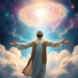 A mystical scene depicting a Muslim mystic experiencing a spiritual ascent, surrounded by ethereal light and vibrant colors
