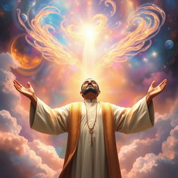 A mystical scene depicting a Muslim mystic experiencing a spiritual ascent, surrounded by ethereal light and vibrant colors