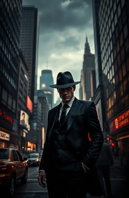 A dramatic scene set in a bustling metropolitan city, showcasing a mysterious atmosphere filled with tension
