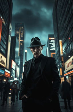 A dramatic scene set in a bustling metropolitan city, showcasing a mysterious atmosphere filled with tension
