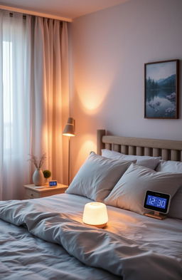 A calming bedroom scene designed to promote good sleep: a cozy bed with fluffy pillows and a soft comforter, warm ambient lighting, gentle curtains swaying in the breeze, a nightstand with an aromatherapy diffuser emitting lavender mist, a bedside clock with a soothing glow, and peaceful nature artwork on the walls