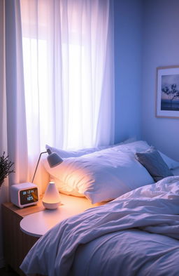 A calming bedroom scene designed to promote good sleep: a cozy bed with fluffy pillows and a soft comforter, warm ambient lighting, gentle curtains swaying in the breeze, a nightstand with an aromatherapy diffuser emitting lavender mist, a bedside clock with a soothing glow, and peaceful nature artwork on the walls