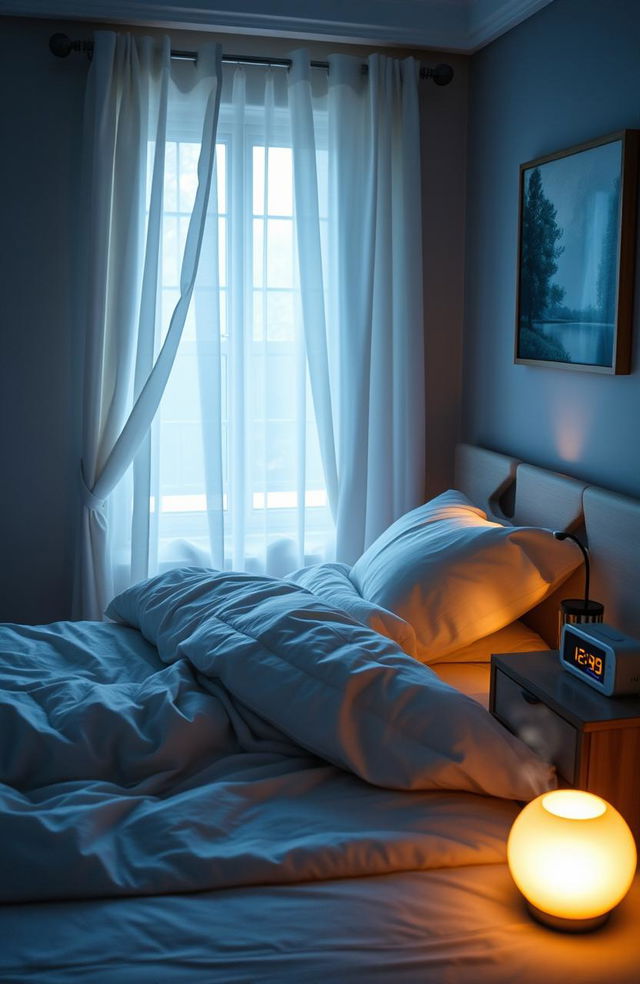 A calming bedroom scene designed to promote good sleep: a cozy bed with fluffy pillows and a soft comforter, warm ambient lighting, gentle curtains swaying in the breeze, a nightstand with an aromatherapy diffuser emitting lavender mist, a bedside clock with a soothing glow, and peaceful nature artwork on the walls