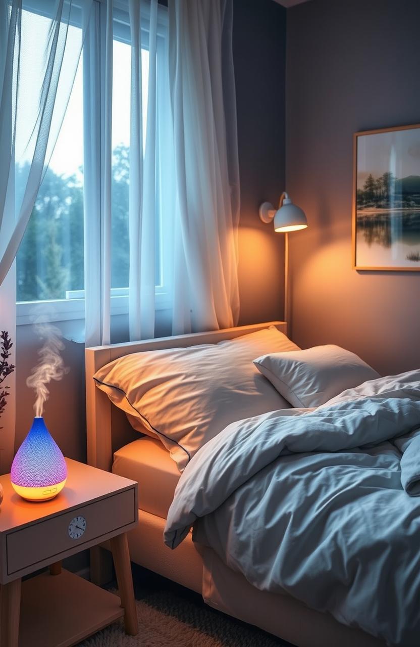 A calming bedroom scene designed to promote good sleep: a cozy bed with fluffy pillows and a soft comforter, warm ambient lighting, gentle curtains swaying in the breeze, a nightstand with an aromatherapy diffuser emitting lavender mist, a bedside clock with a soothing glow, and peaceful nature artwork on the walls