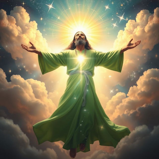 A breathtaking depiction of a Shia Muslim mystic in a moment of spiritual ascension, wearing a flowing green robe