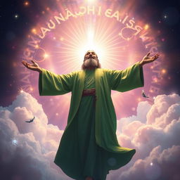 A breathtaking depiction of a Shia Muslim mystic in a moment of spiritual ascension, wearing a flowing green robe