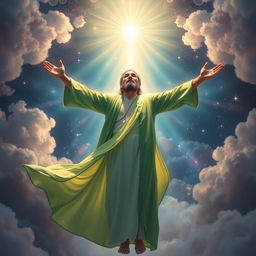 A breathtaking depiction of a Shia Muslim mystic in a moment of spiritual ascension, wearing a flowing green robe