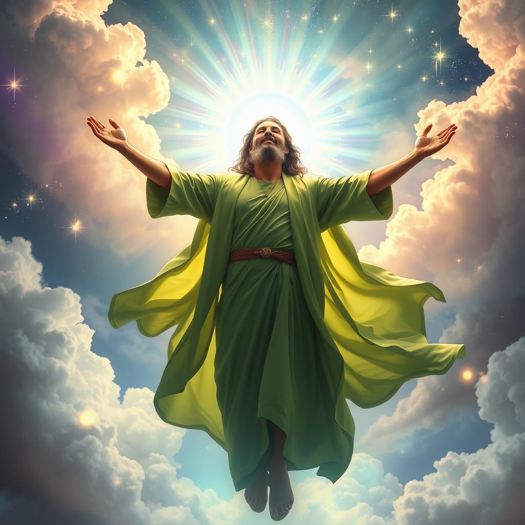 A breathtaking depiction of a Shia Muslim mystic in a moment of spiritual ascension, wearing a flowing green robe