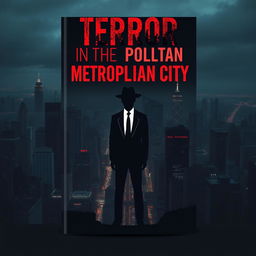 A striking book cover design for 'Terror in the Metropolitan City', featuring a silhouetted figure that resembles a stick figure, dressed in a sleek black suit and a Fedora hat