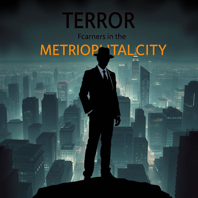 A striking book cover design for 'Terror in the Metropolitan City', featuring a silhouetted figure that resembles a stick figure, dressed in a sleek black suit and a Fedora hat