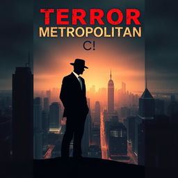 A striking book cover design for 'Terror in the Metropolitan City', featuring a silhouetted figure that resembles a stick figure, dressed in a sleek black suit and a Fedora hat