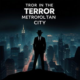 A striking book cover design for 'Terror in the Metropolitan City', featuring a silhouetted figure that resembles a stick figure, dressed in a sleek black suit and a Fedora hat