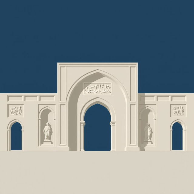 A minimalistic artistic representation of the Taq-e Bostan, featuring its iconic arch and relief sculptures with a modern twist