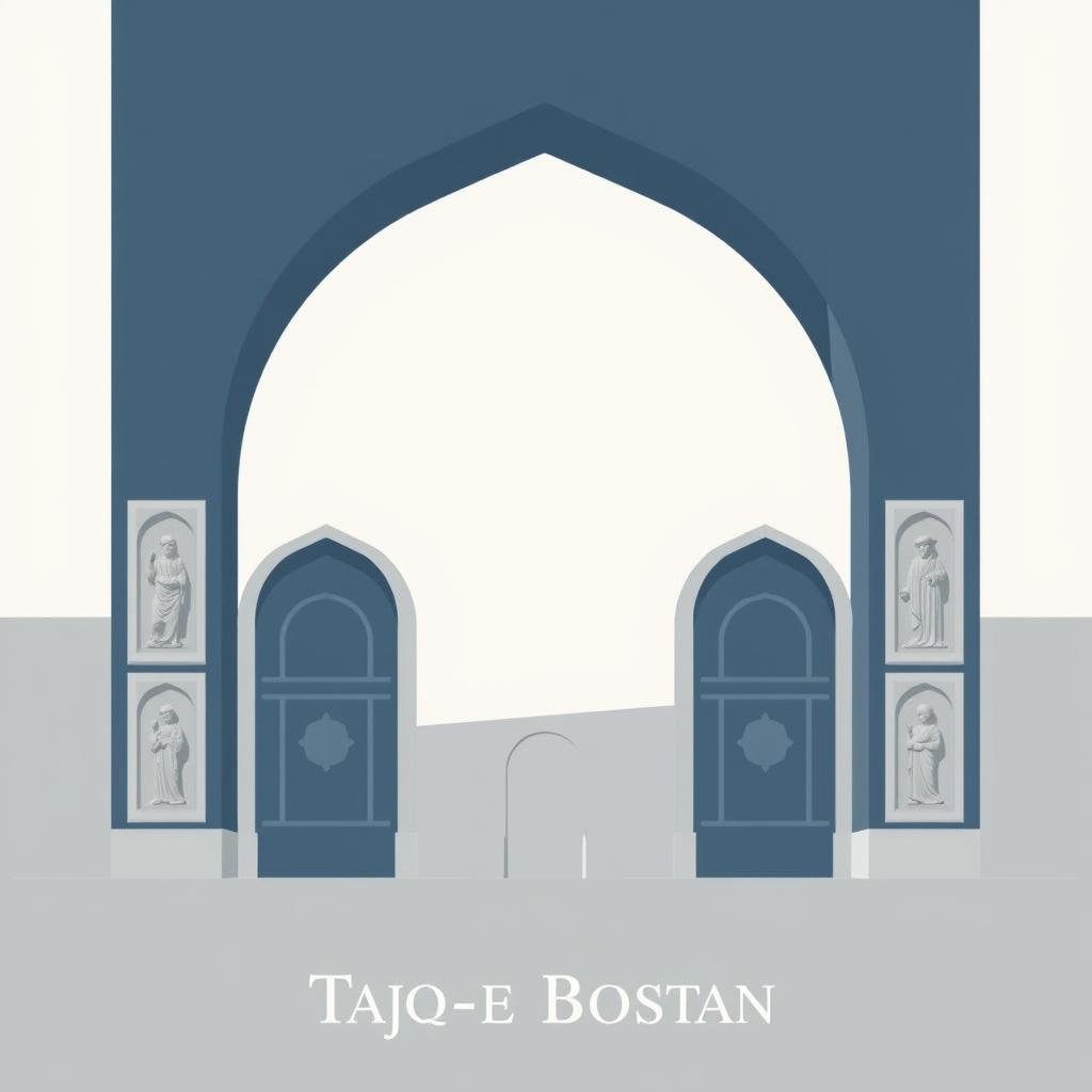 A minimalistic artistic representation of the Taq-e Bostan, featuring its iconic arch and relief sculptures with a modern twist