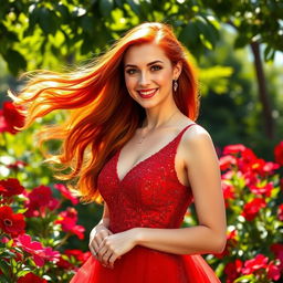 A beautiful woman with flowing red hair, wearing a stunning red dress that sparkles as it catches the light