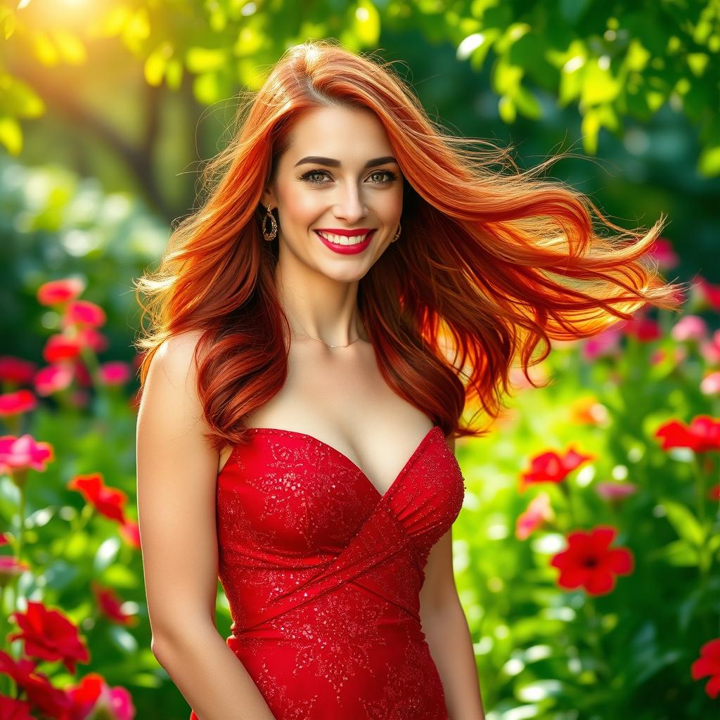 A beautiful woman with flowing red hair, wearing a stunning red dress that sparkles as it catches the light