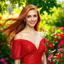 A beautiful woman with flowing red hair, wearing a stunning red dress that sparkles as it catches the light
