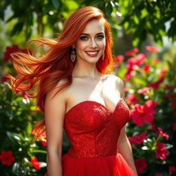 A beautiful woman with flowing red hair, wearing a stunning red dress that sparkles as it catches the light