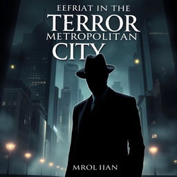 A captivating book cover for 'Terror in the Metropolitan City', featuring a shadowy figure dressed in a sleek black suit and a Fedora hat