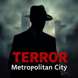 A captivating book cover for 'Terror in the Metropolitan City', featuring a shadowy figure dressed in a sleek black suit and a Fedora hat