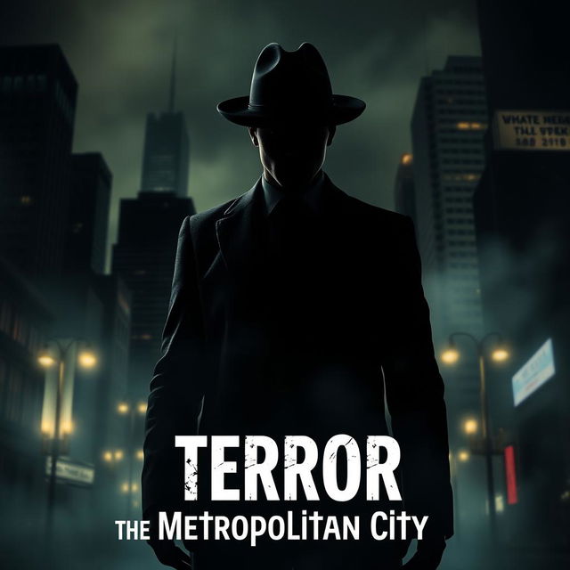 A captivating book cover for 'Terror in the Metropolitan City', featuring a shadowy figure dressed in a sleek black suit and a Fedora hat