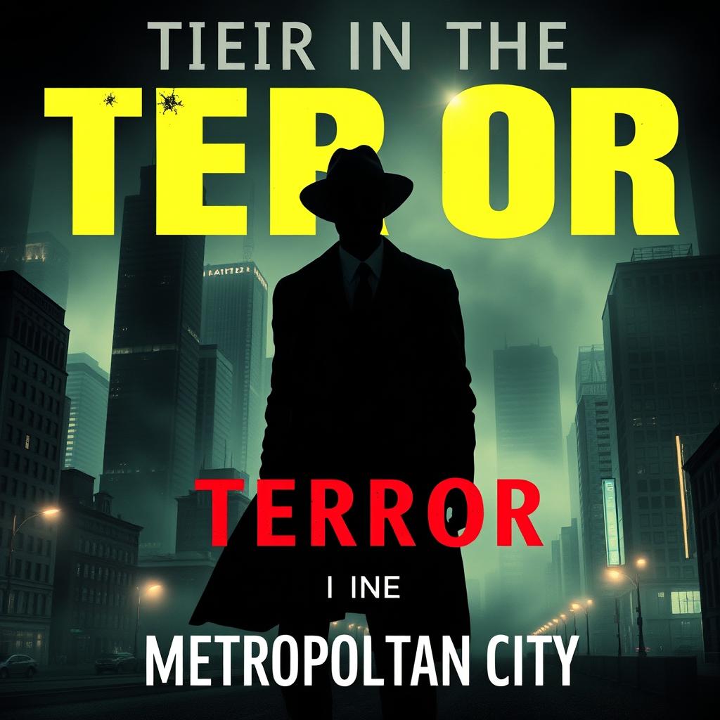 A captivating book cover for 'Terror in the Metropolitan City', featuring a shadowy figure dressed in a sleek black suit and a Fedora hat