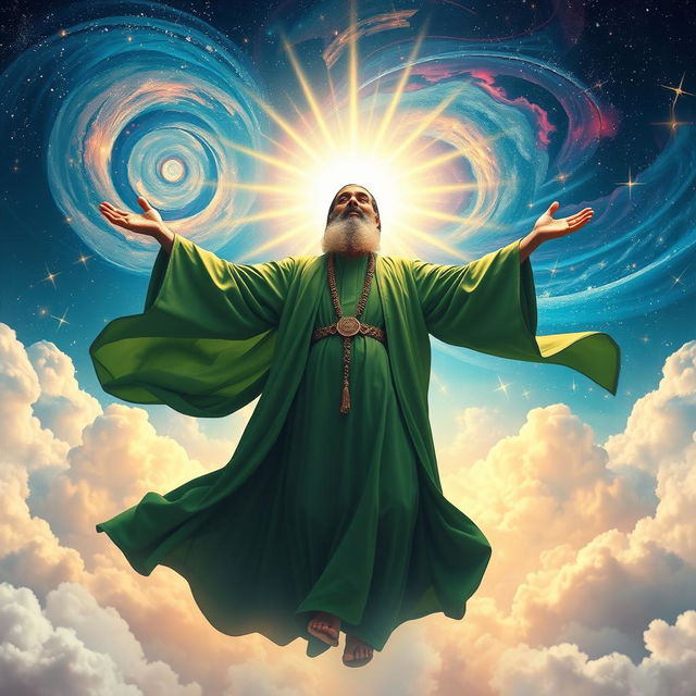 A stunning and large-scale image suitable for a mobile wallpaper, depicting a Shia Muslim mystic in a moment of spiritual elevation, wearing a flowing green robe